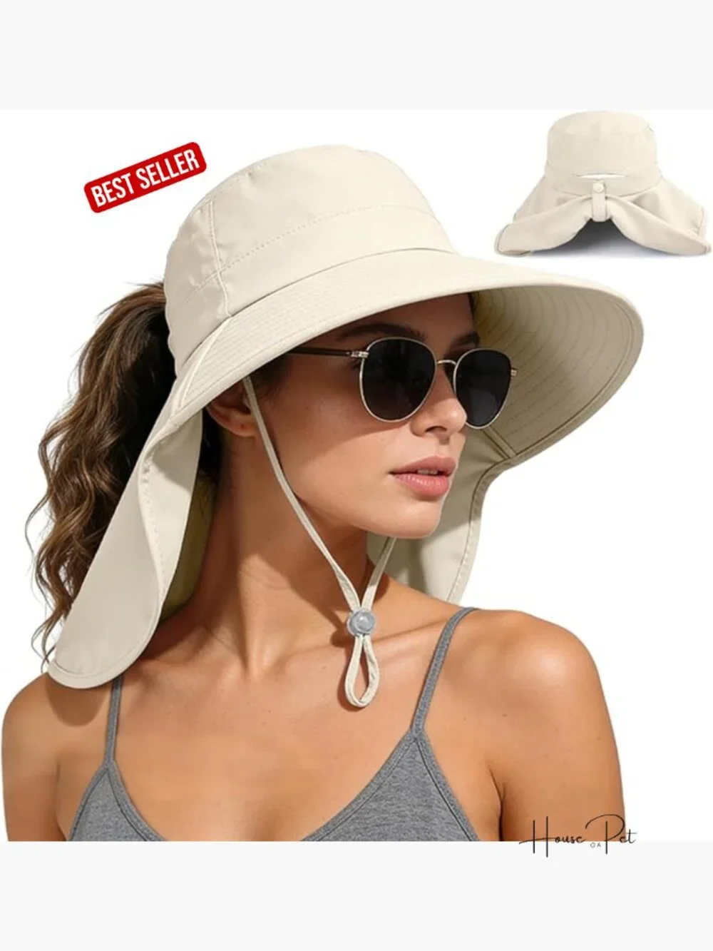 Women Sun Hat with Neck Flap Ponytail Hole UPF 50+ Wide Brim Rollable Hiking - Picture 1 of 7
